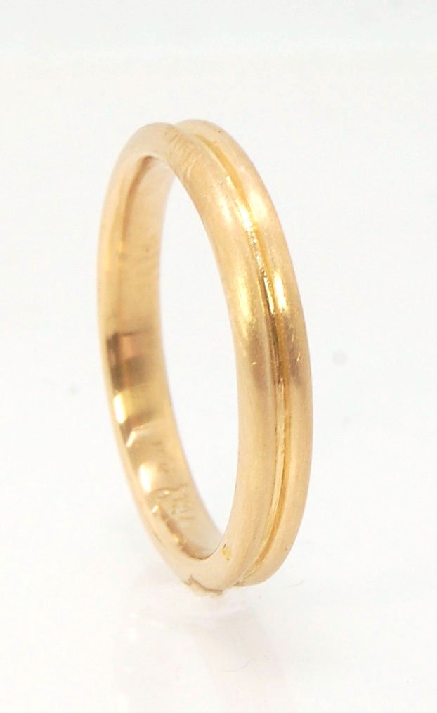 2 Rim 3.3mm Wide Band - Sterling silver, 14k or 18k yellow gold This is a narrow, 3.3mm, 2 rim band cast from a wax carving turned on a lathe. These are so much fun to make and I have several variations of different rims and widths available. I then take