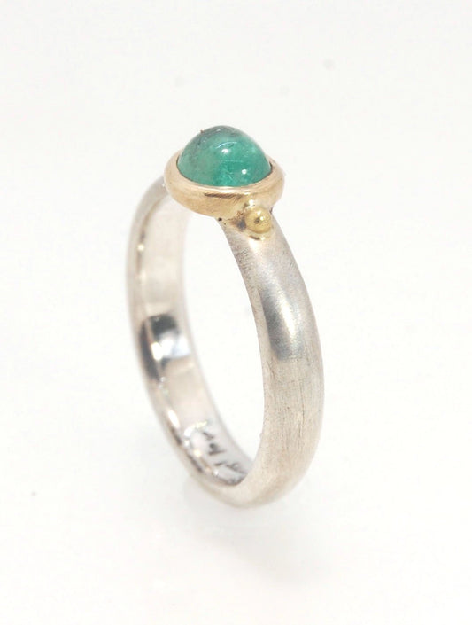 Emerald Bi Metal Freckle Ring - 14k and Sterling Silver - Size 8 This is a unique emerald cabochon with a darker freckle included in the lighter-colored emerald! This emerald cabochon is bezel-set in 14k gold with large gold granules on the Sterling Silve