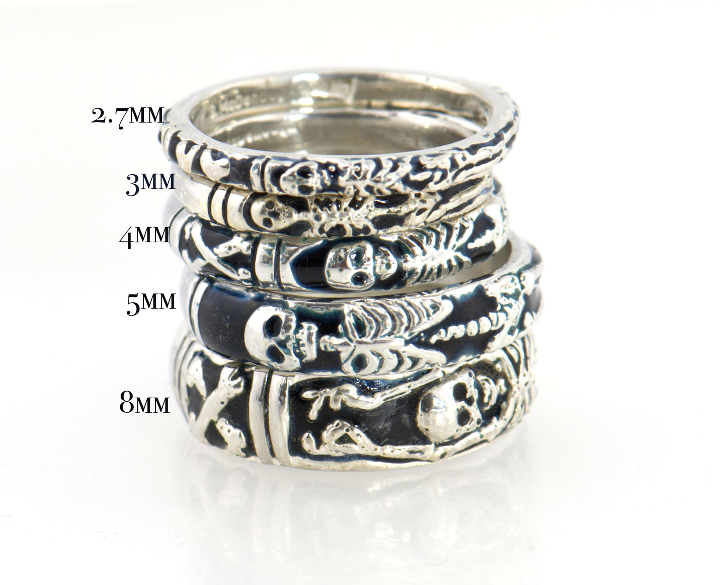 ENAMELED Memento Mori Skeleton Ring in Sterling -2.7mm-8mm - Choose from 5 Designs