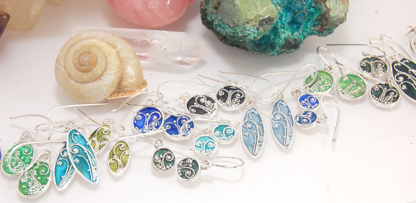 Enameled Sterling Fern Earrings -Oval -Medium-Choice of 8 colors These are my medium fern ovals and they can be enameled in 8 colors for you!Prussian Blue, Icy Blue, Turquoise, Oil Gray, Forest Green, Jade Green, Sage Green or Periwinkle BlueGreen.These e