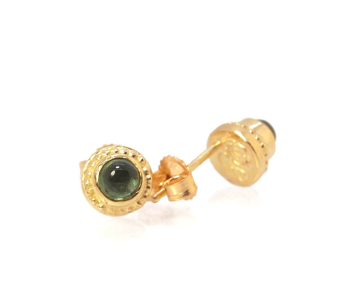 Green Tourmaline Classic Cast Granulation Studs in 14k These are tiny bezel settings I created using the ancient process of granulation. Then I made a mold of it and injected the mold with wax and used that wax to create a 14k gold version of these granul