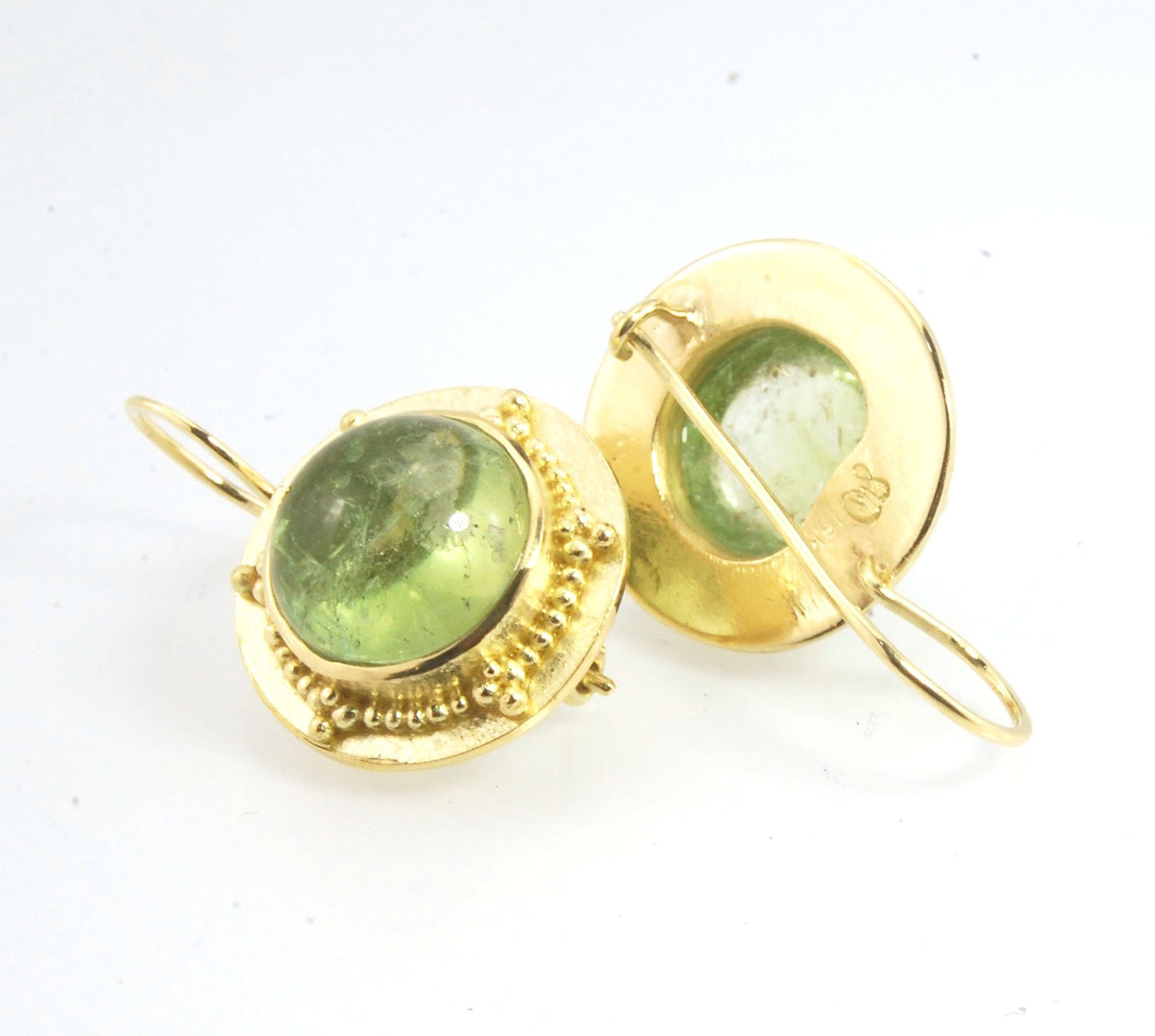 Green Bi-color Tourmaline 18k Gold Granulation Earrings These Green Bi-color Tourmaline 18k Gold Granulation Earrings are Classically-inspired 18k granulation. With 2 luminous and clear bi-color tourmaline cabochons bezel-set in 18k an accented ring of 18