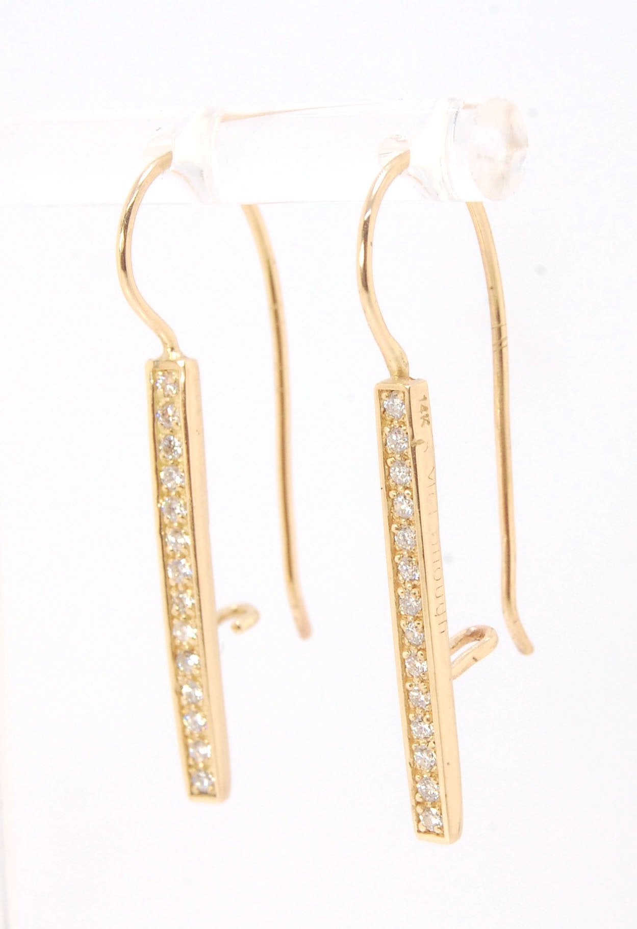 Long Diamond Earrings with french hook and clasp - 14k yellow gold These great little sparklers are subtle enough for every day as long as you don’t mind everyone noticing! They have 14 x 1.3mm colorless diamonds in a single pave row. Earrings have a fren