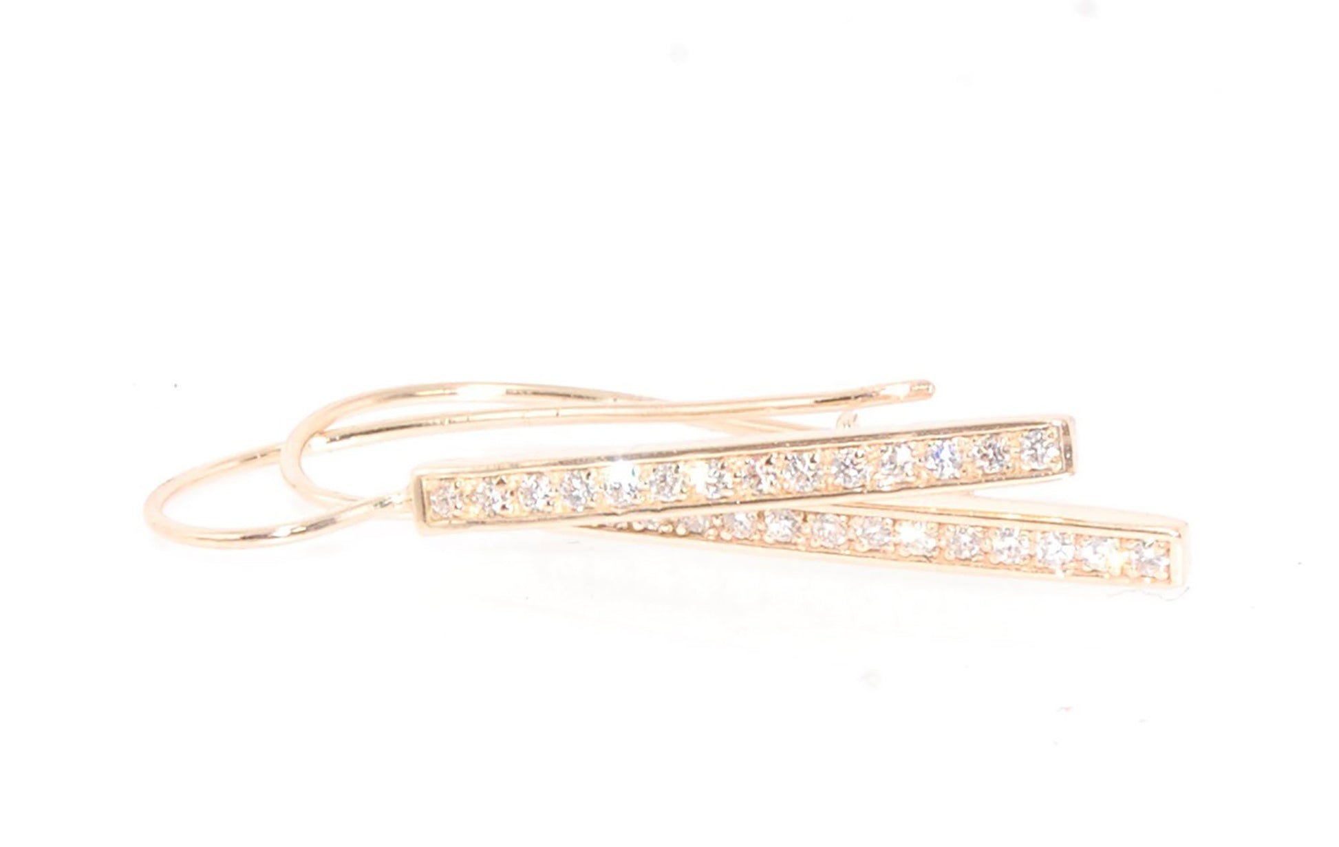 Long Diamond Earrings with french hook and clasp - 14k yellow gold These great little sparklers are subtle enough for every day as long as you don’t mind everyone noticing! They have 14 x 1.3mm colorless diamonds in a single pave row. Earrings have a fren