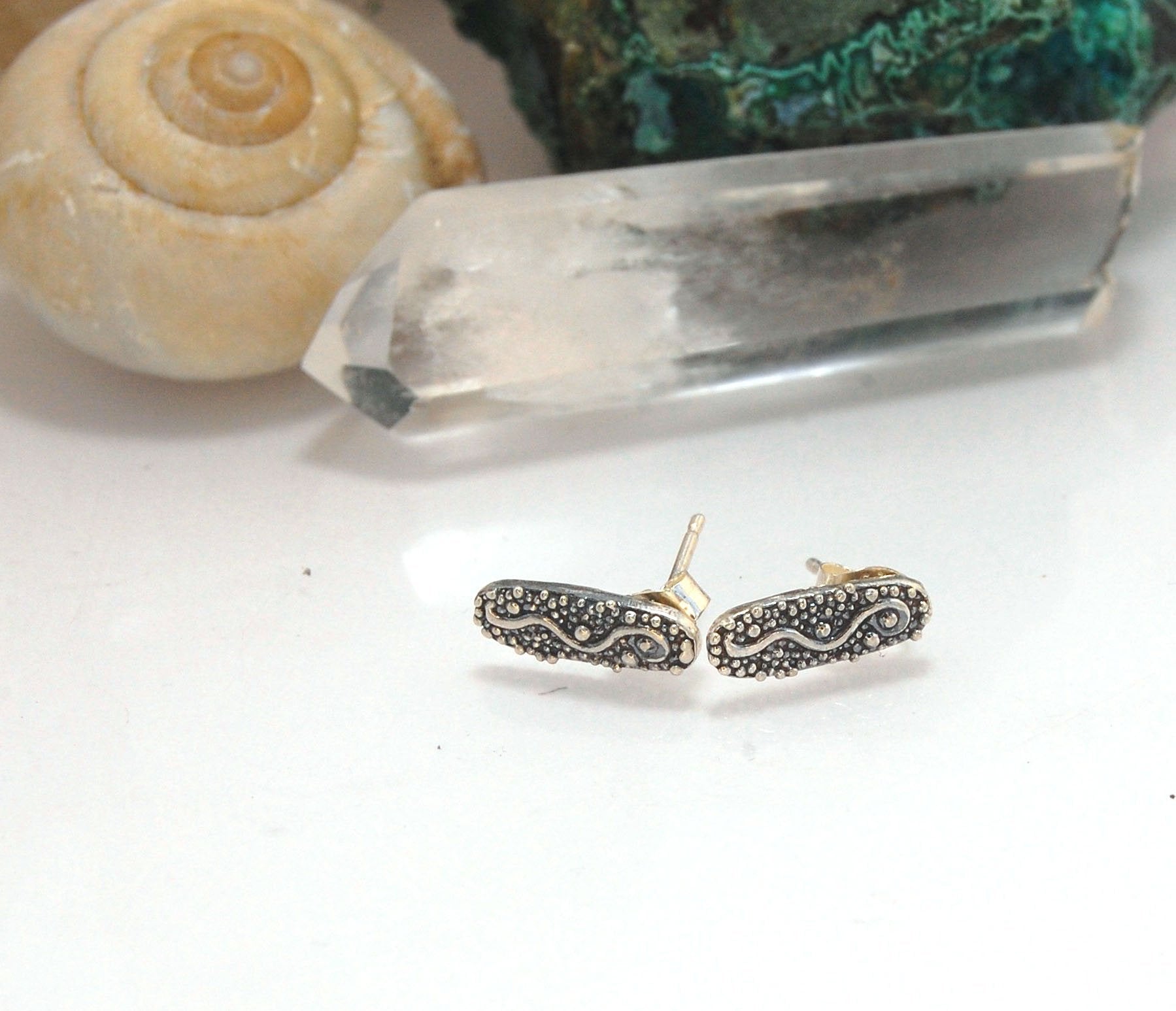 Seaweed Post Earrings - Large -in Sterling Silver or 14k gold These are the largest of my 2 seaweed detailed post earrings and are cast in sterling from an original granulated pair I designed to go with my Seaweed Collection.Cast in sterling using the pro