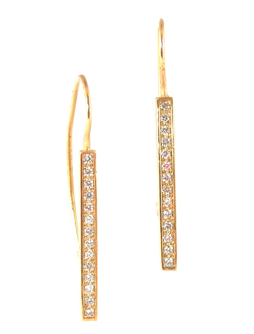 Long Diamond Earrings with french hook and clasp - 14k yellow gold These great little sparklers are subtle enough for every day as long as you don’t mind everyone noticing! They have 14 x 1.3mm colorless diamonds in a single pave row. Earrings have a fren