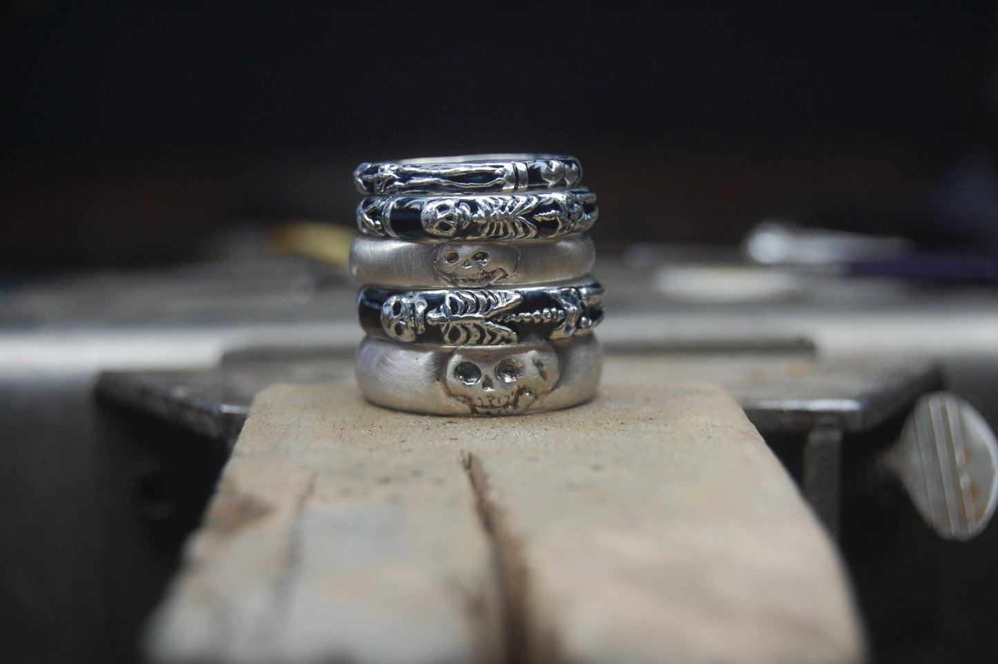 Memento Mori Skeleton Ring - Medium - 4mm - Enameled This is the middle width of my Memento Mori skeleton rings at 4mm wide. The Skeleton is flanked by crossed bones on one side and an hourglass on the other. Each ring in this collection is carved in wax