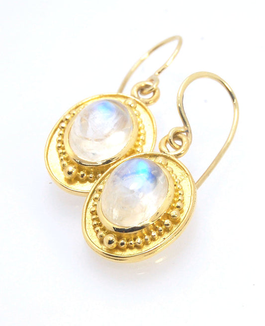 18k Granulation Fine Rainbow Moonstone Classic Dangle Shield Earrings with French Hooks These 18k Granulation Classical Shield Oval Rainbow Moonstone Dangle Earrings are pretty stunning. I’ve had these amazing rainbow moonstones for a long while and they