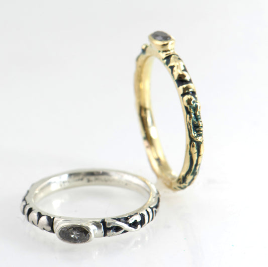 Oval Diamond Solitaire Memento Mori Skeleton Ring-3mm- in 14k Yellow Gold or Sterling Silver - Enameled or Oxidized