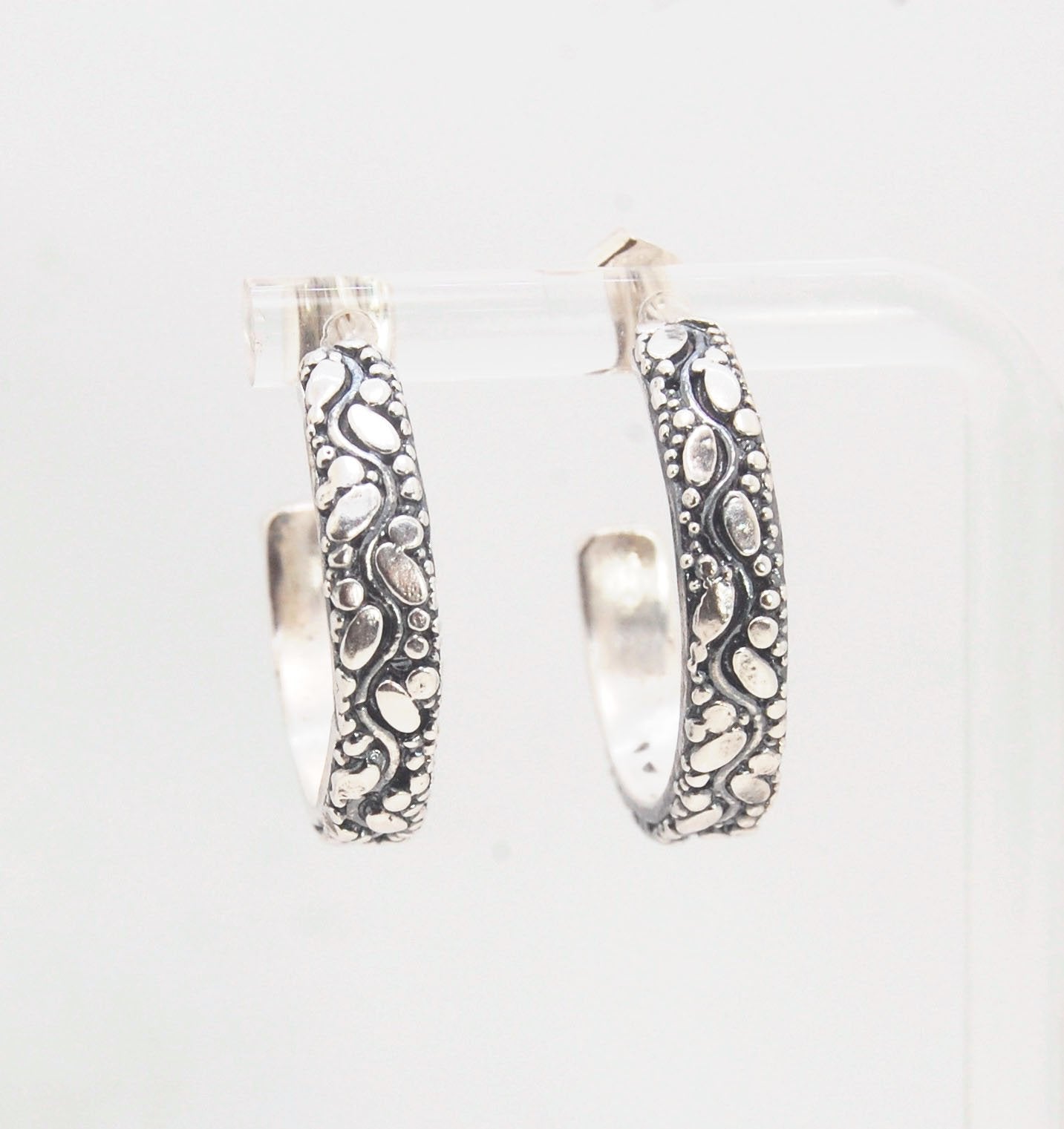 Oval Dots Hoop Post Earrings - Sterling Silver-in 3 sizes These Hoop Posts are made from an Oval and Dot pattern and is 3 mm wide patterned band with ovals and heavy granules around a wavy center line. I solder a sterling silver post onto these Oval Dot P