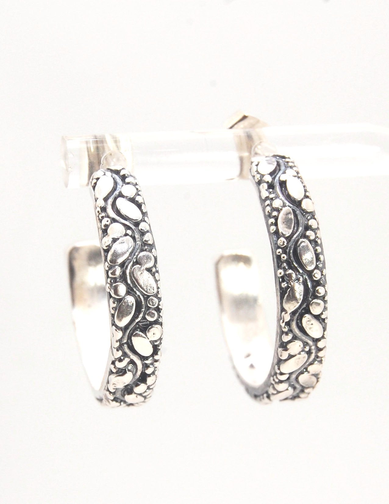 Oval Dots Hoop Post Earrings - Sterling Silver-in 3 sizes These Hoop Posts are made from an Oval and Dot pattern and is 3 mm wide patterned band with ovals and heavy granules around a wavy center line. I solder a sterling silver post onto these Oval Dot P