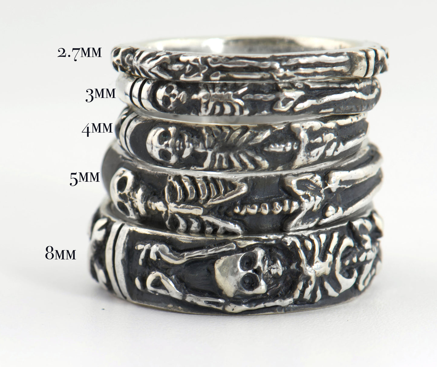 Oxidized Memento Mori Skeleton Ring in Sterling -2.7mm-8mm - Choose from 5 Designs