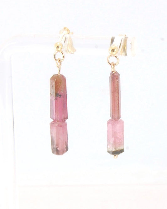 Pink Watermelon tourmaline crystal - 14k post dangles Oh wow, these are stunners! Watermelon Pink and Green Tourmaline crsytals that look so rich on the 14k gold. They are very clear tourmalines and you can see the inclusions in the stones. These tourmali