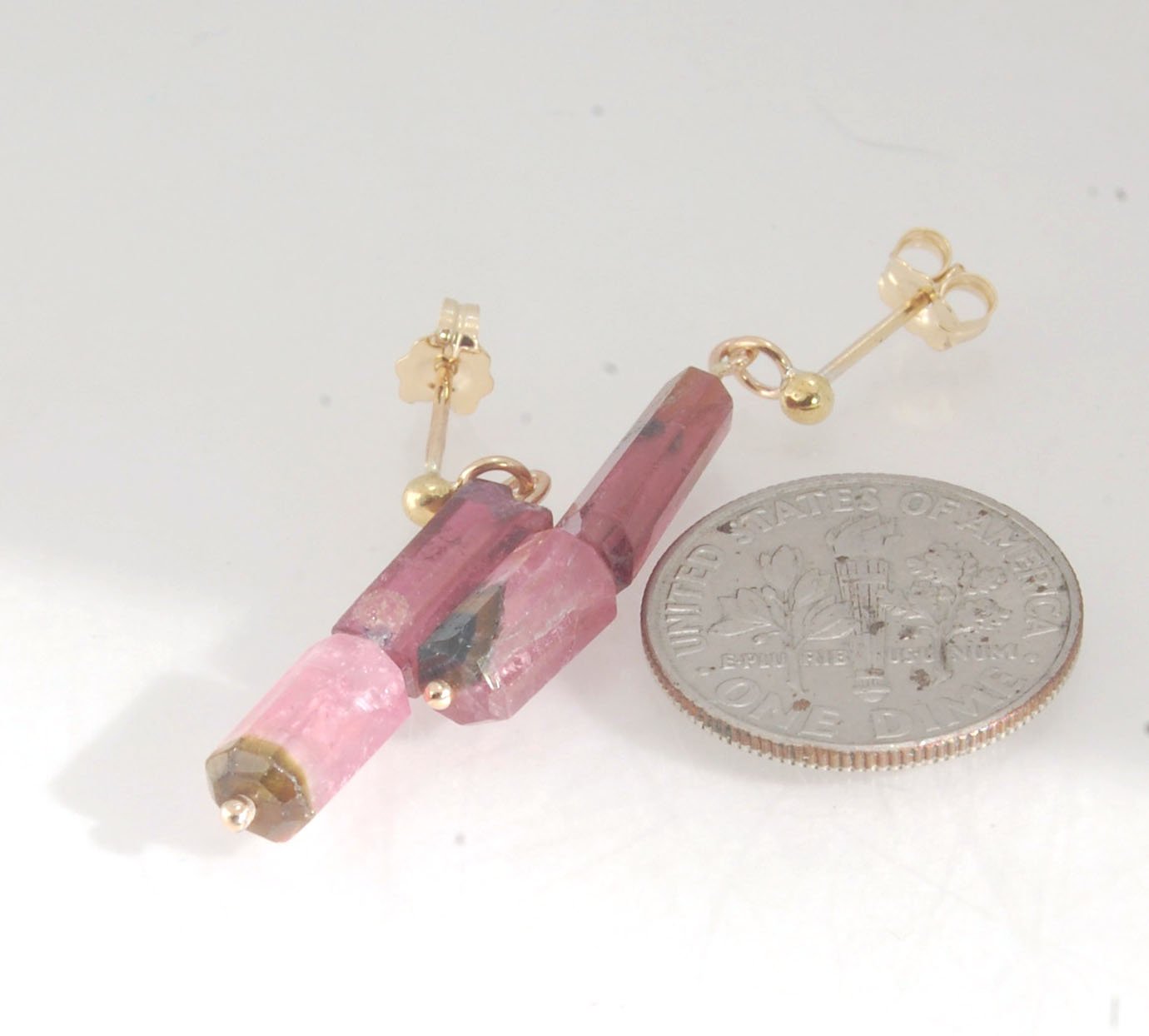 Pink Watermelon tourmaline crystal - 14k post dangles Oh wow, these are stunners! Watermelon Pink and Green Tourmaline crsytals that look so rich on the 14k gold. They are very clear tourmalines and you can see the inclusions in the stones. These tourmali