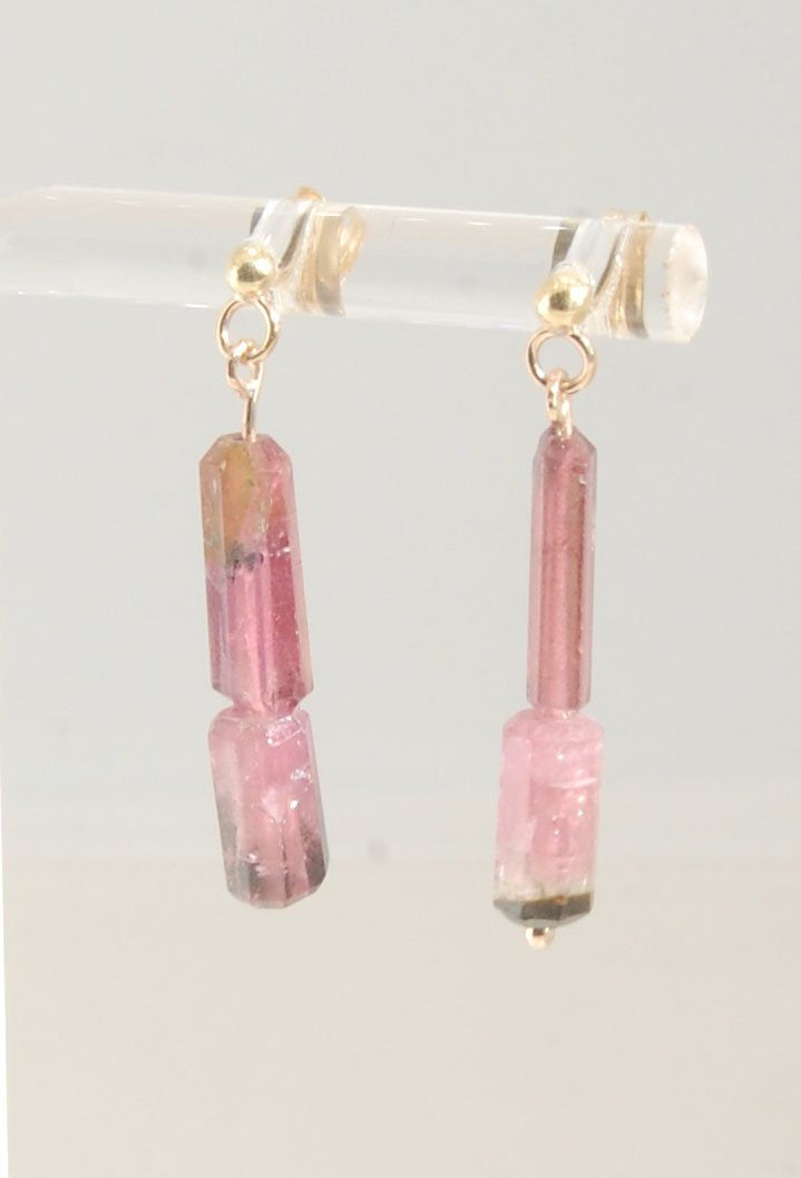 Pink Watermelon tourmaline crystal - 14k post dangles Oh wow, these are stunners! Watermelon Pink and Green Tourmaline crsytals that look so rich on the 14k gold. They are very clear tourmalines and you can see the inclusions in the stones. These tourmali