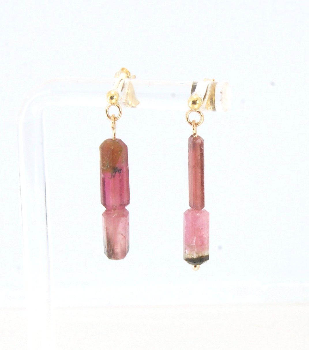 Pink Watermelon tourmaline crystal - 14k post dangles Oh wow, these are stunners! Watermelon Pink and Green Tourmaline crsytals that look so rich on the 14k gold. They are very clear tourmalines and you can see the inclusions in the stones. These tourmali