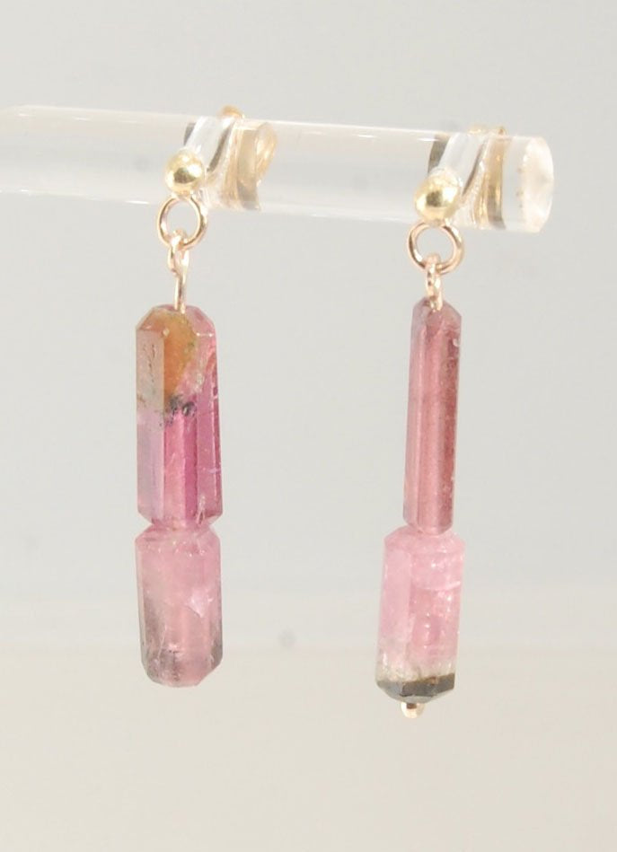 Pink Watermelon tourmaline crystal - 14k post dangles Oh wow, these are stunners! Watermelon Pink and Green Tourmaline crsytals that look so rich on the 14k gold. They are very clear tourmalines and you can see the inclusions in the stones. These tourmali