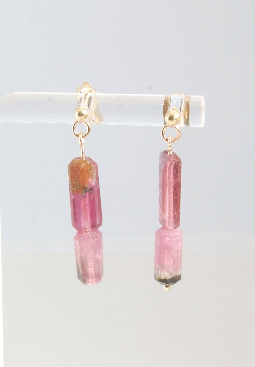 Pink Watermelon tourmaline crystal - 14k post dangles Oh wow, these are stunners! Watermelon Pink and Green Tourmaline crsytals that look so rich on the 14k gold. They are very clear tourmalines and you can see the inclusions in the stones. These tourmali