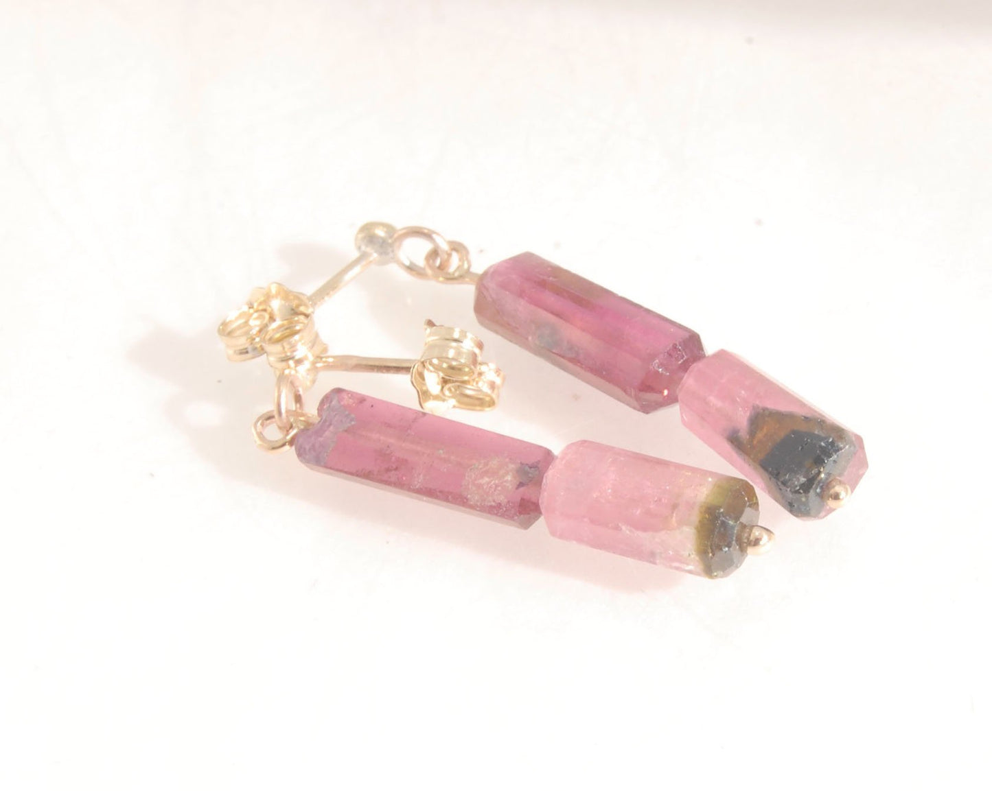 Pink Watermelon tourmaline crystal - 14k post dangles Oh wow, these are stunners! Watermelon Pink and Green Tourmaline crsytals that look so rich on the 14k gold. They are very clear tourmalines and you can see the inclusions in the stones. These tourmali