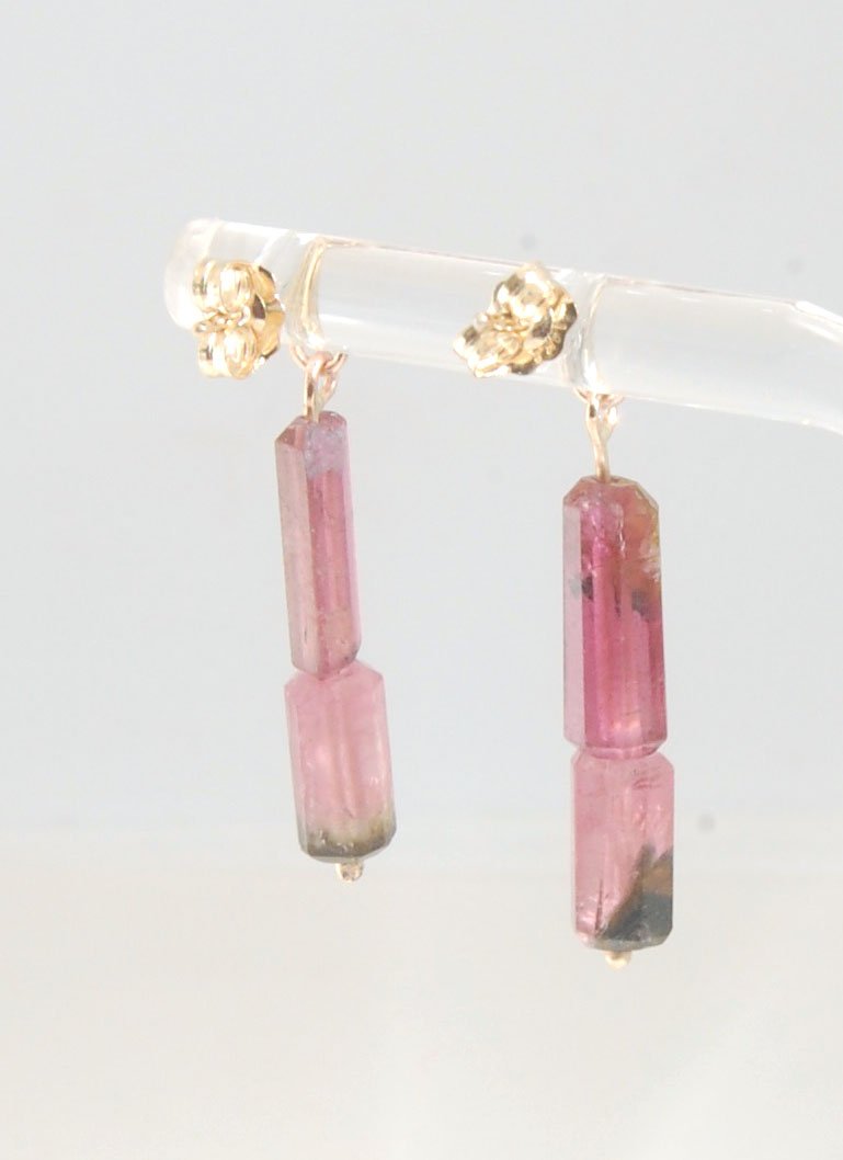 Pink Watermelon tourmaline crystal - 14k post dangles Oh wow, these are stunners! Watermelon Pink and Green Tourmaline crsytals that look so rich on the 14k gold. They are very clear tourmalines and you can see the inclusions in the stones. These tourmali