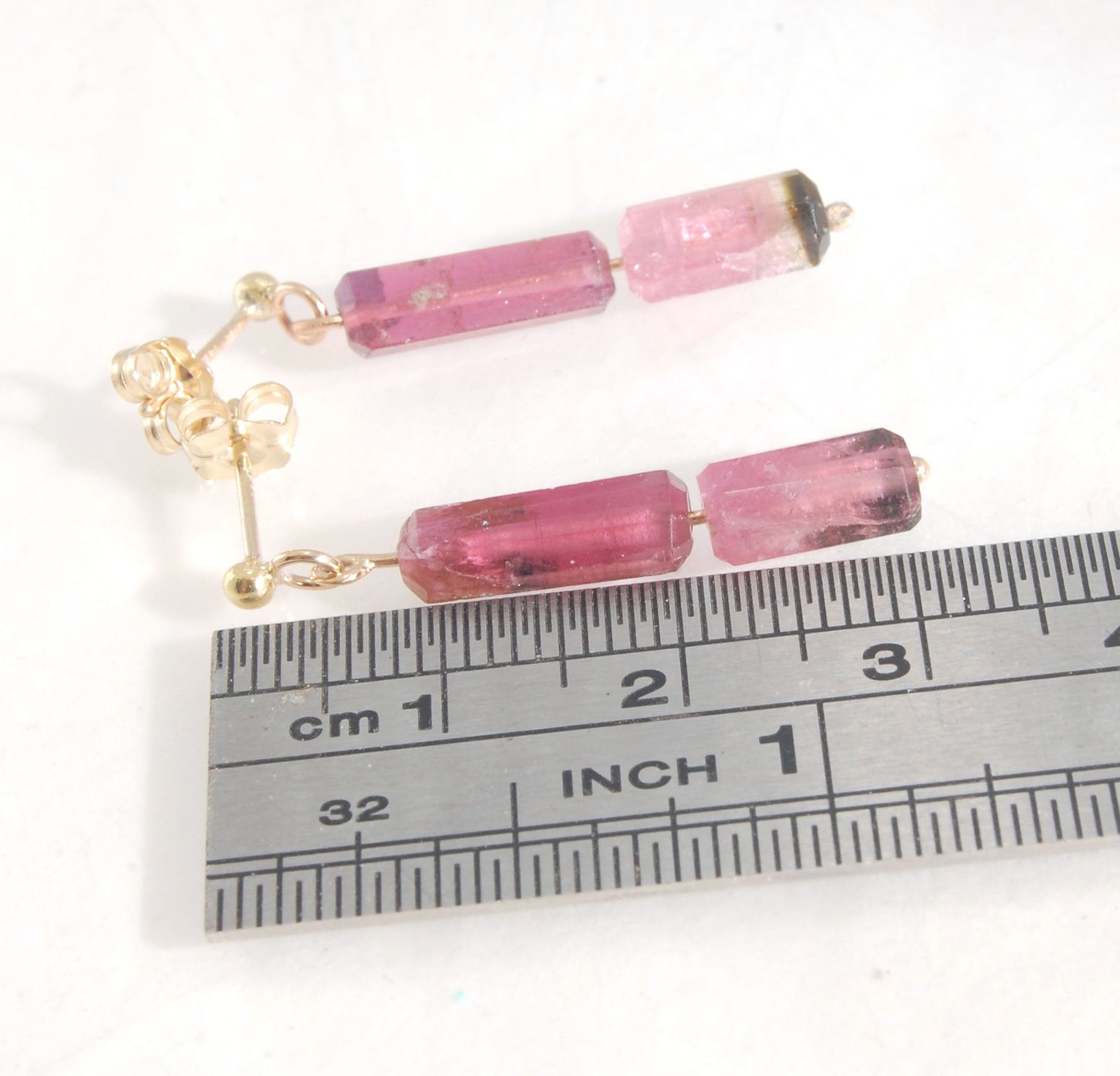 Pink Watermelon tourmaline crystal - 14k post dangles Oh wow, these are stunners! Watermelon Pink and Green Tourmaline crsytals that look so rich on the 14k gold. They are very clear tourmalines and you can see the inclusions in the stones. These tourmali