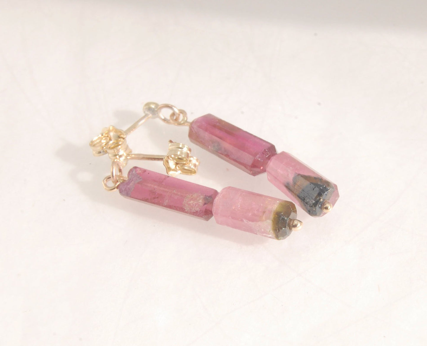 Pink Watermelon tourmaline crystal - 14k post dangles Oh wow, these are stunners! Watermelon Pink and Green Tourmaline crsytals that look so rich on the 14k gold. They are very clear tourmalines and you can see the inclusions in the stones. These tourmali