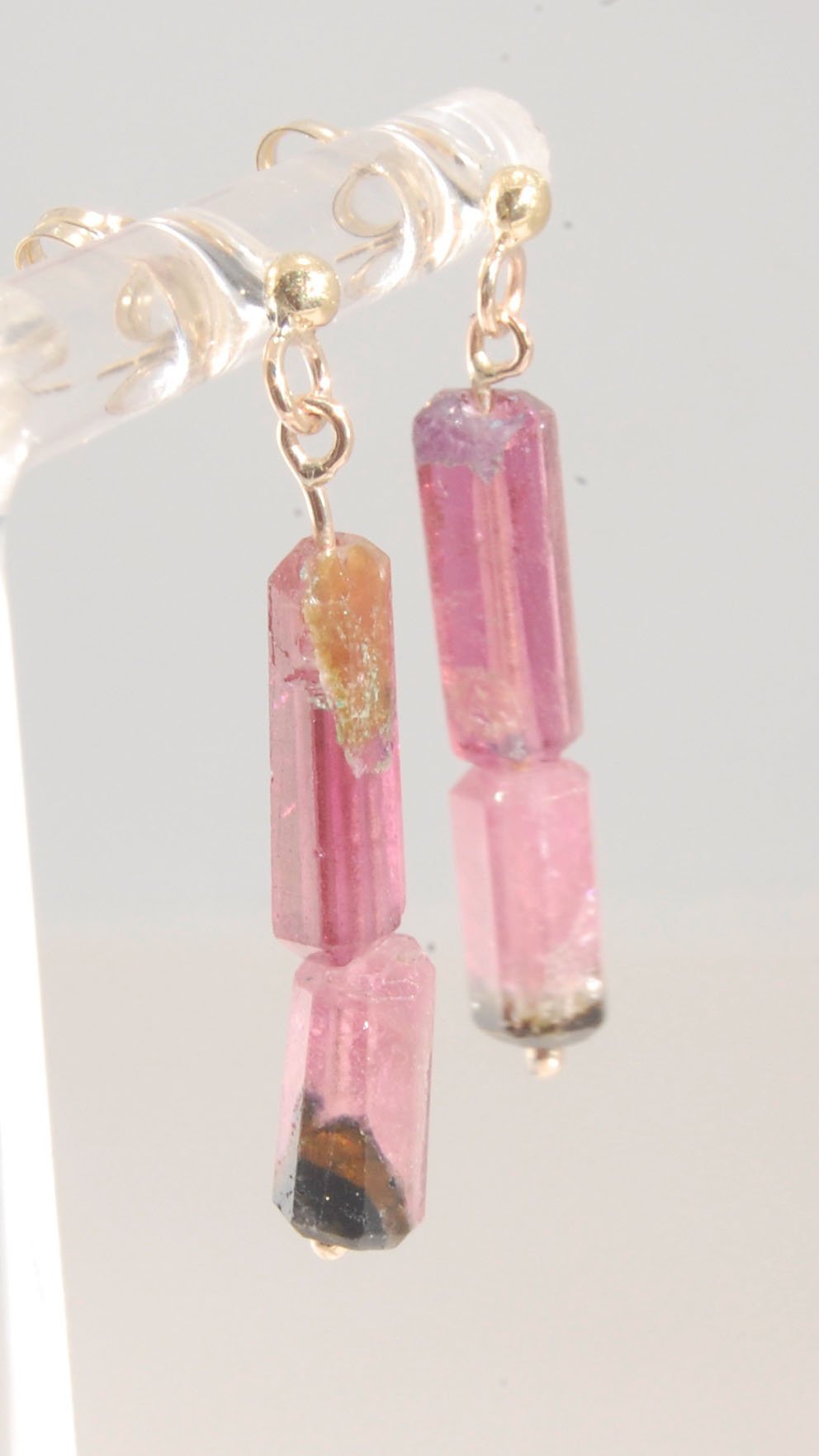 Pink Watermelon tourmaline crystal - 14k post dangles Oh wow, these are stunners! Watermelon Pink and Green Tourmaline crsytals that look so rich on the 14k gold. They are very clear tourmalines and you can see the inclusions in the stones. These tourmali