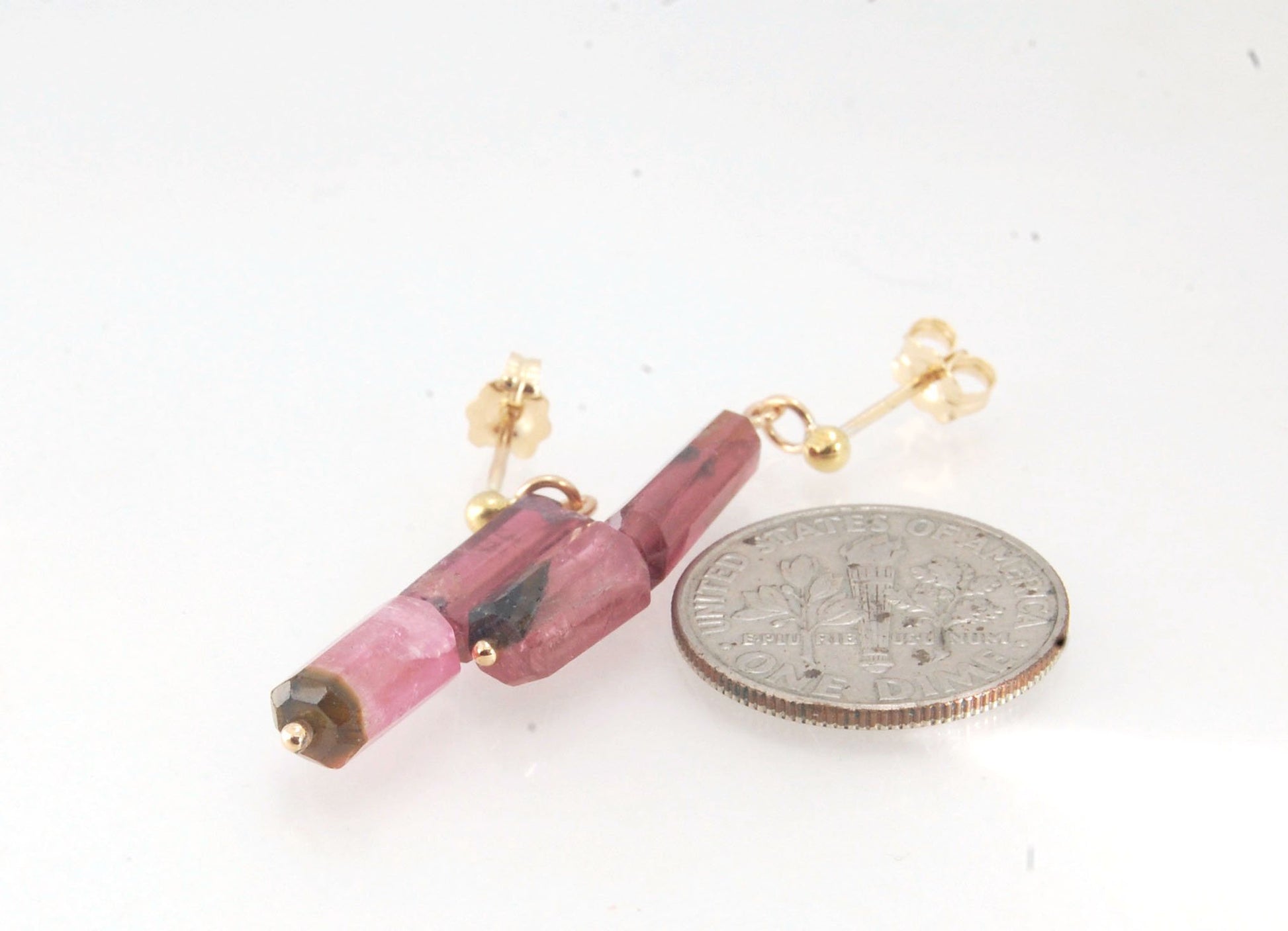 Pink Watermelon tourmaline crystal - 14k post dangles Oh wow, these are stunners! Watermelon Pink and Green Tourmaline crsytals that look so rich on the 14k gold. They are very clear tourmalines and you can see the inclusions in the stones. These tourmali