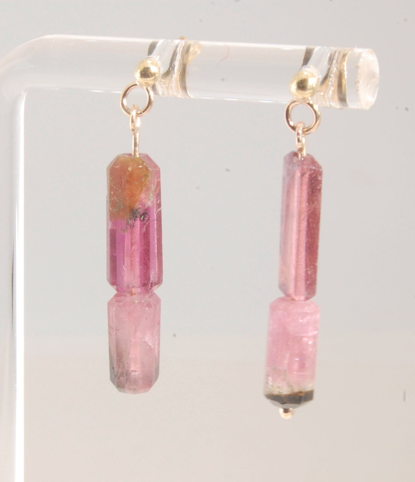 Pink Watermelon tourmaline crystal - 14k post dangles Oh wow, these are stunners! Watermelon Pink and Green Tourmaline crsytals that look so rich on the 14k gold. They are very clear tourmalines and you can see the inclusions in the stones. These tourmali