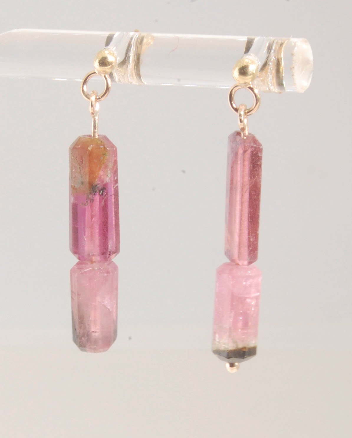 Pink Watermelon tourmaline crystal - 14k post dangles Oh wow, these are stunners! Watermelon Pink and Green Tourmaline crsytals that look so rich on the 14k gold. They are very clear tourmalines and you can see the inclusions in the stones. These tourmali