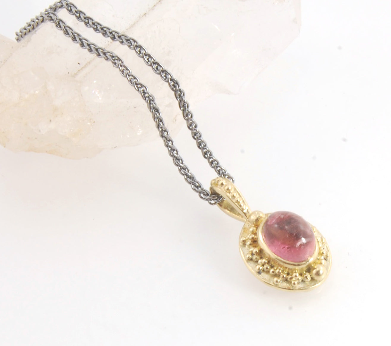 Tall Pink Tourmaline Cabochon 18k Pendant