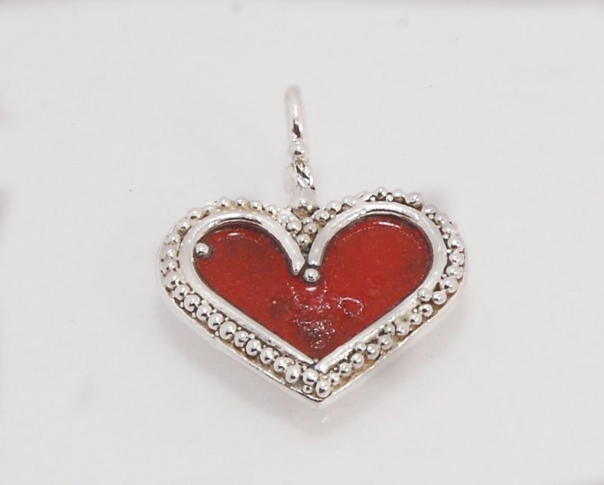 Enamel Heart Charm in Fine SIlver It’s a HEART of fine silver granulation that I made a mold of, then cast, then enameled! In your choice of colors: Red, Purple, Green, Black, Azalea, HollyhockGranulation is an ancient fusing process utilized for thousand