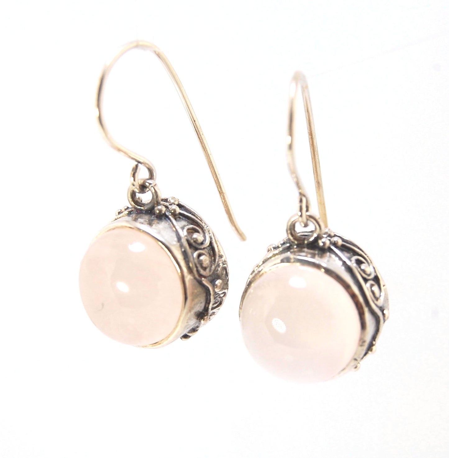 Round Rose Quartz Swirled Earrings in Sterling - - Large 15mm These are cast in my studio using the ancient technique of lost wax casting with a wax model molded from an original granulated piece of fine silver. These rose quartz cabochon earrings have a