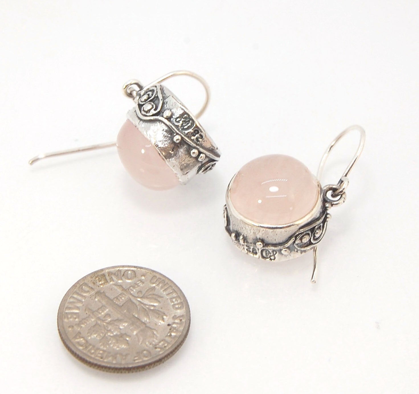 Round Rose Quartz Swirled Earrings in Sterling - - Large 15mm These are cast in my studio using the ancient technique of lost wax casting with a wax model molded from an original granulated piece of fine silver. These rose quartz cabochon earrings have a