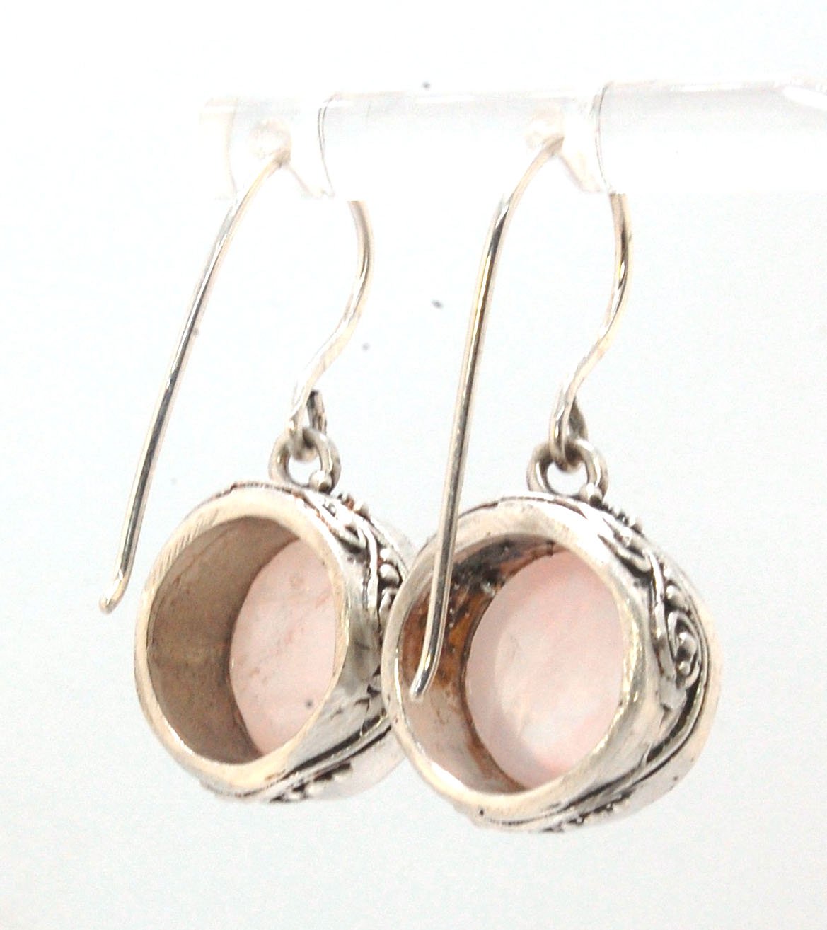 Round Rose Quartz Swirled Earrings in Sterling - - Large 15mm These are cast in my studio using the ancient technique of lost wax casting with a wax model molded from an original granulated piece of fine silver. These rose quartz cabochon earrings have a