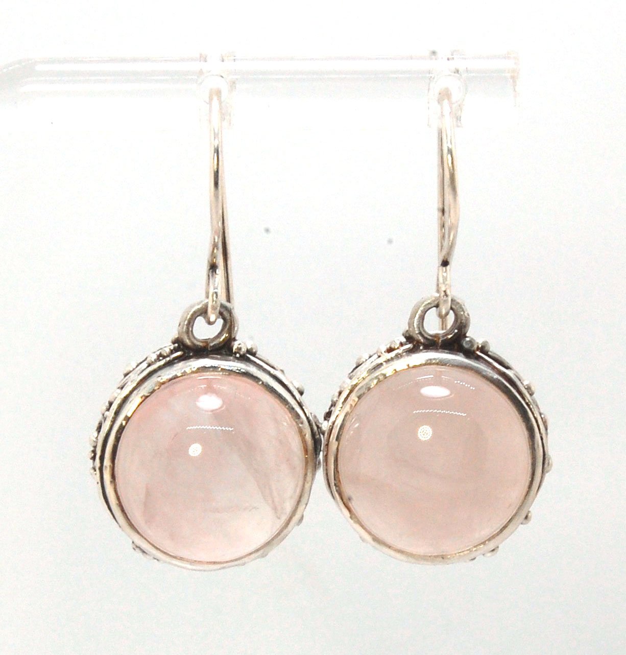 Round Rose Quartz Swirled Earrings in Sterling - - Large 15mm These are cast in my studio using the ancient technique of lost wax casting with a wax model molded from an original granulated piece of fine silver. These rose quartz cabochon earrings have a