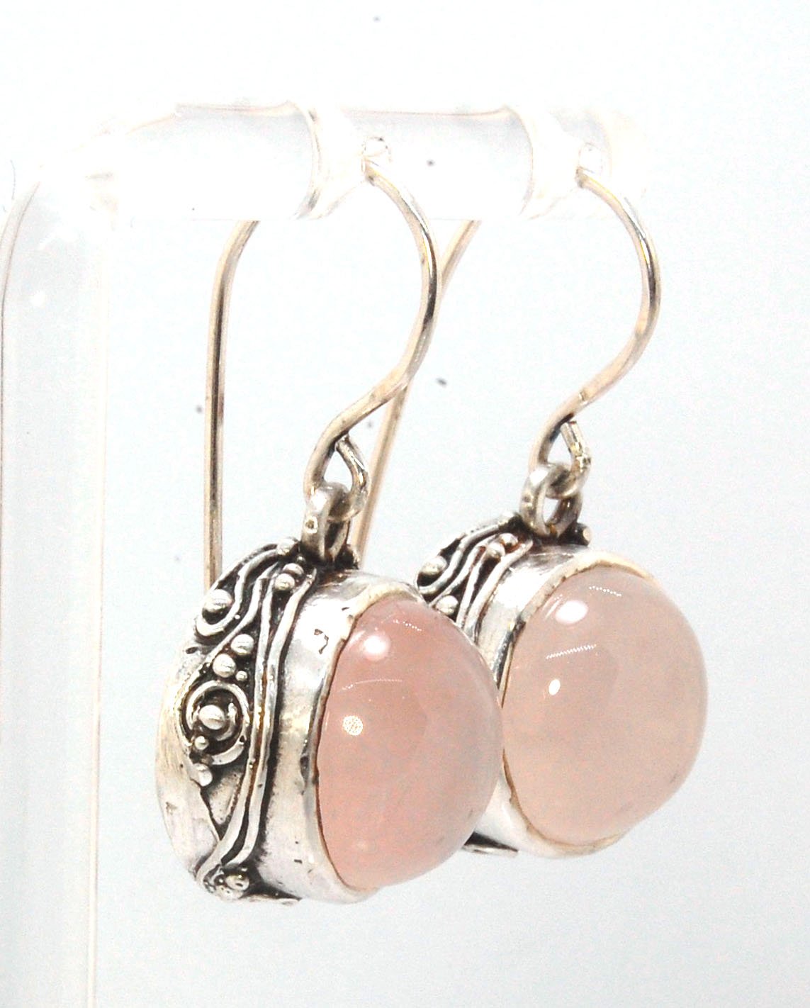 Round Rose Quartz Swirled Earrings in Sterling - - Large 15mm These are cast in my studio using the ancient technique of lost wax casting with a wax model molded from an original granulated piece of fine silver. These rose quartz cabochon earrings have a