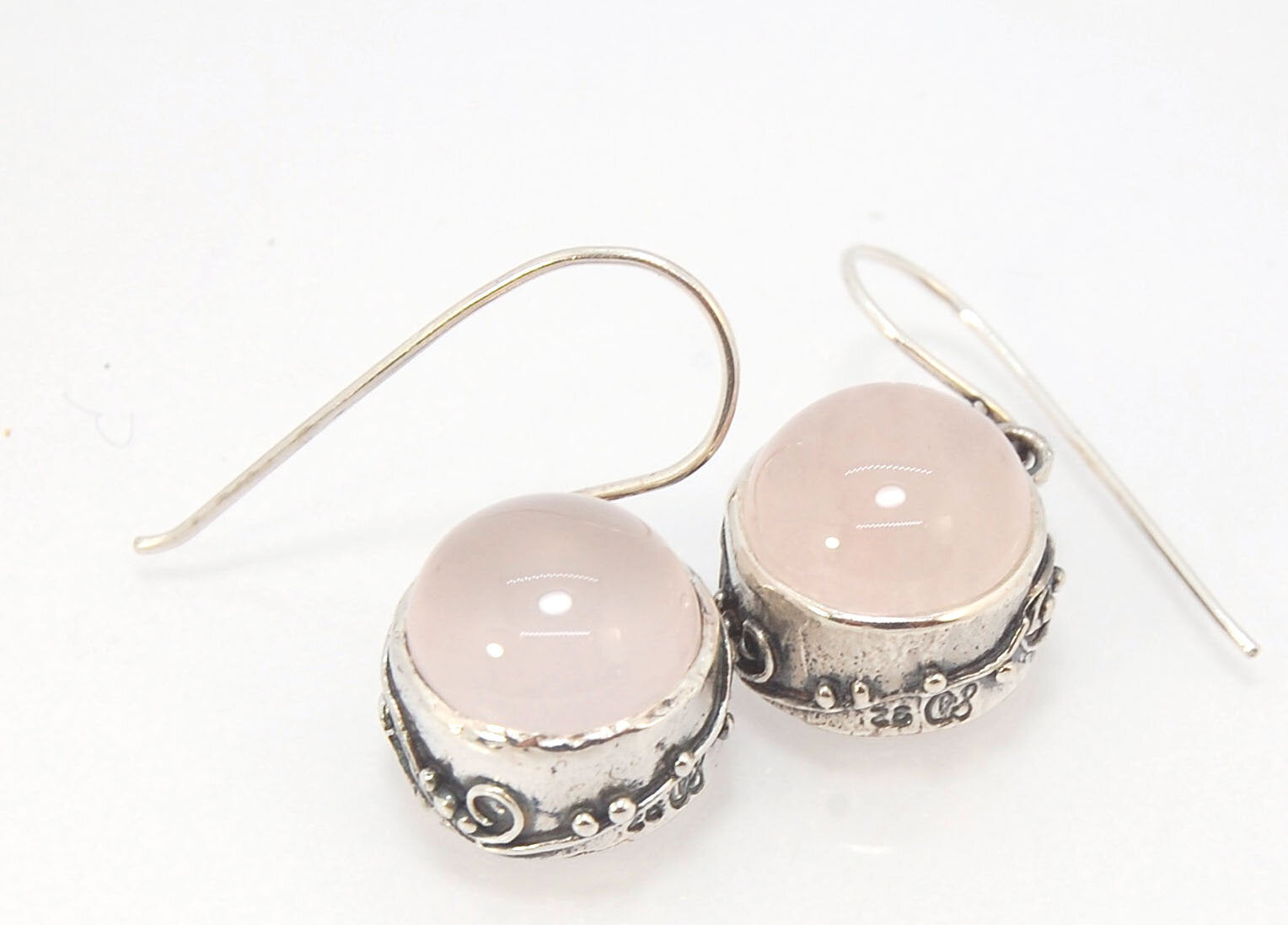 Round Rose Quartz Swirled Earrings in Sterling - - Large 15mm These are cast in my studio using the ancient technique of lost wax casting with a wax model molded from an original granulated piece of fine silver. These rose quartz cabochon earrings have a