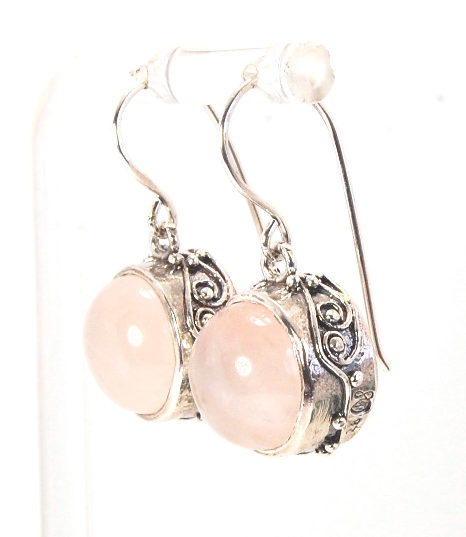 Round Rose Quartz Swirled Earrings in Sterling - - Large 15mm These are cast in my studio using the ancient technique of lost wax casting with a wax model molded from an original granulated piece of fine silver. These rose quartz cabochon earrings have a