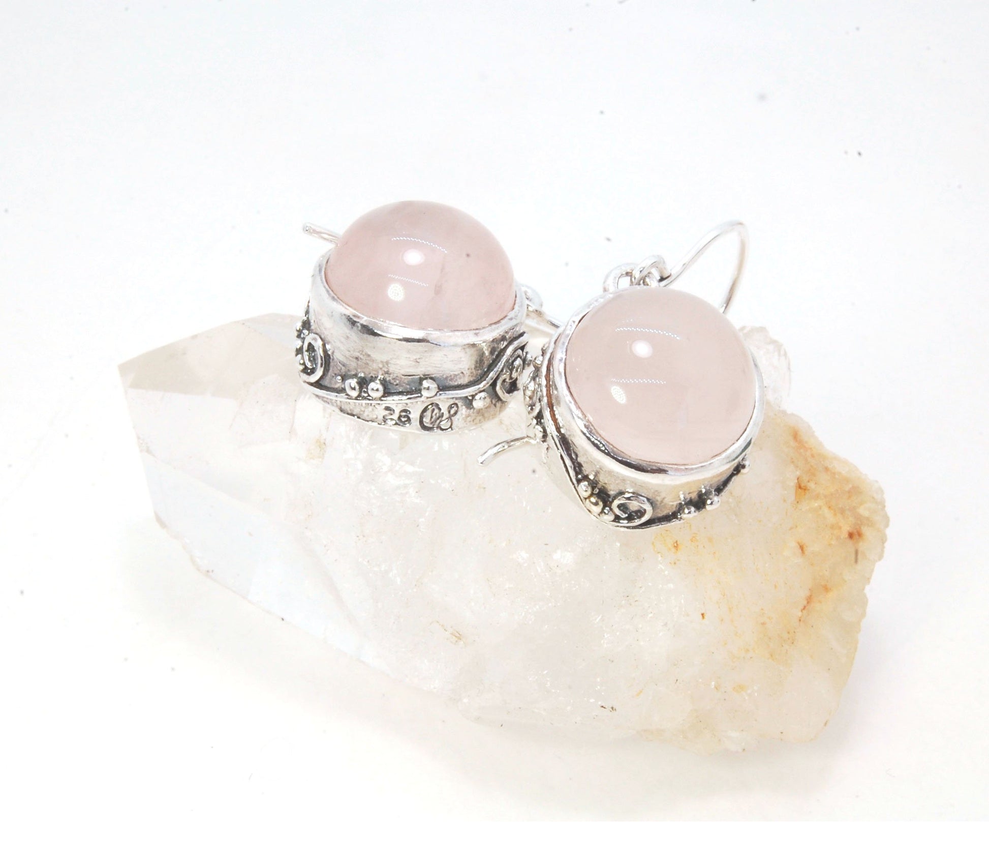 Round Rose Quartz Swirled Earrings in Sterling - - Large 15mm These are cast in my studio using the ancient technique of lost wax casting with a wax model molded from an original granulated piece of fine silver. These rose quartz cabochon earrings have a