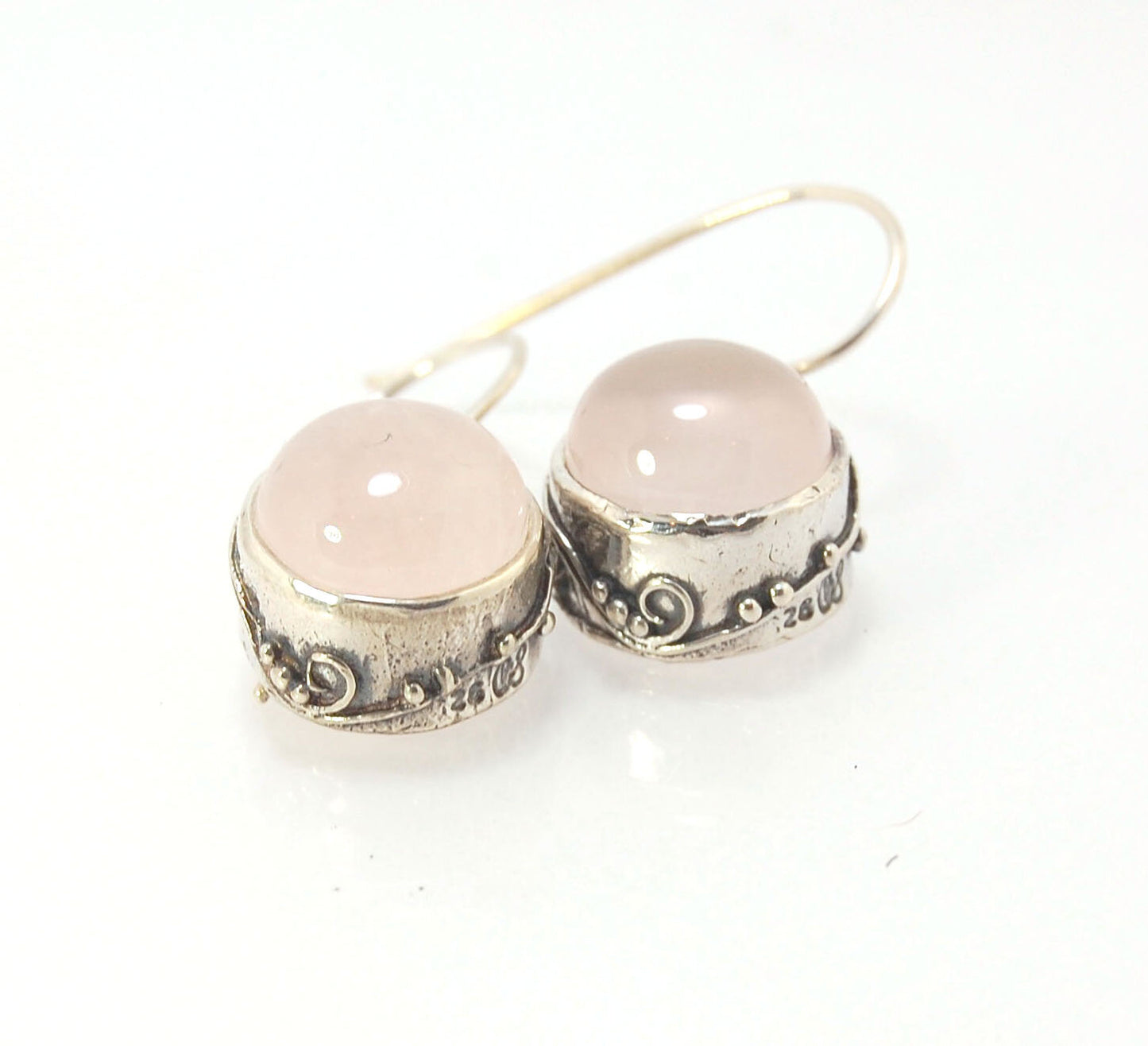 Round Rose Quartz Swirled Earrings in Sterling - - Large 15mm These are cast in my studio using the ancient technique of lost wax casting with a wax model molded from an original granulated piece of fine silver. These rose quartz cabochon earrings have a