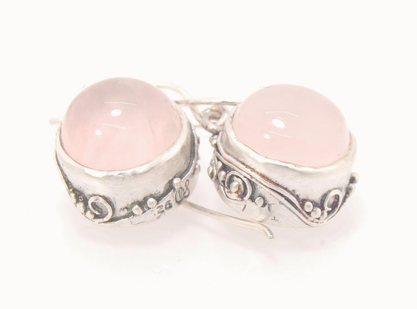 Round Rose Quartz Swirled Earrings in Sterling - - Large 15mm These are cast in my studio using the ancient technique of lost wax casting with a wax model molded from an original granulated piece of fine silver. These rose quartz cabochon earrings have a