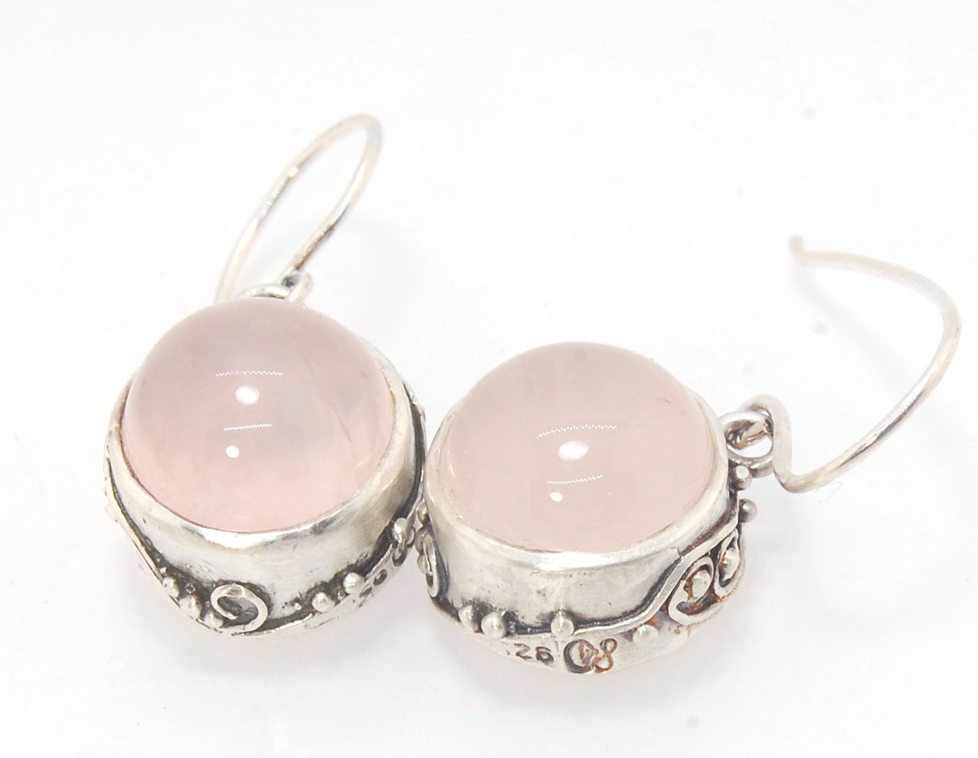 Round Rose Quartz Swirled Earrings in Sterling - - Large 15mm These are cast in my studio using the ancient technique of lost wax casting with a wax model molded from an original granulated piece of fine silver. These rose quartz cabochon earrings have a