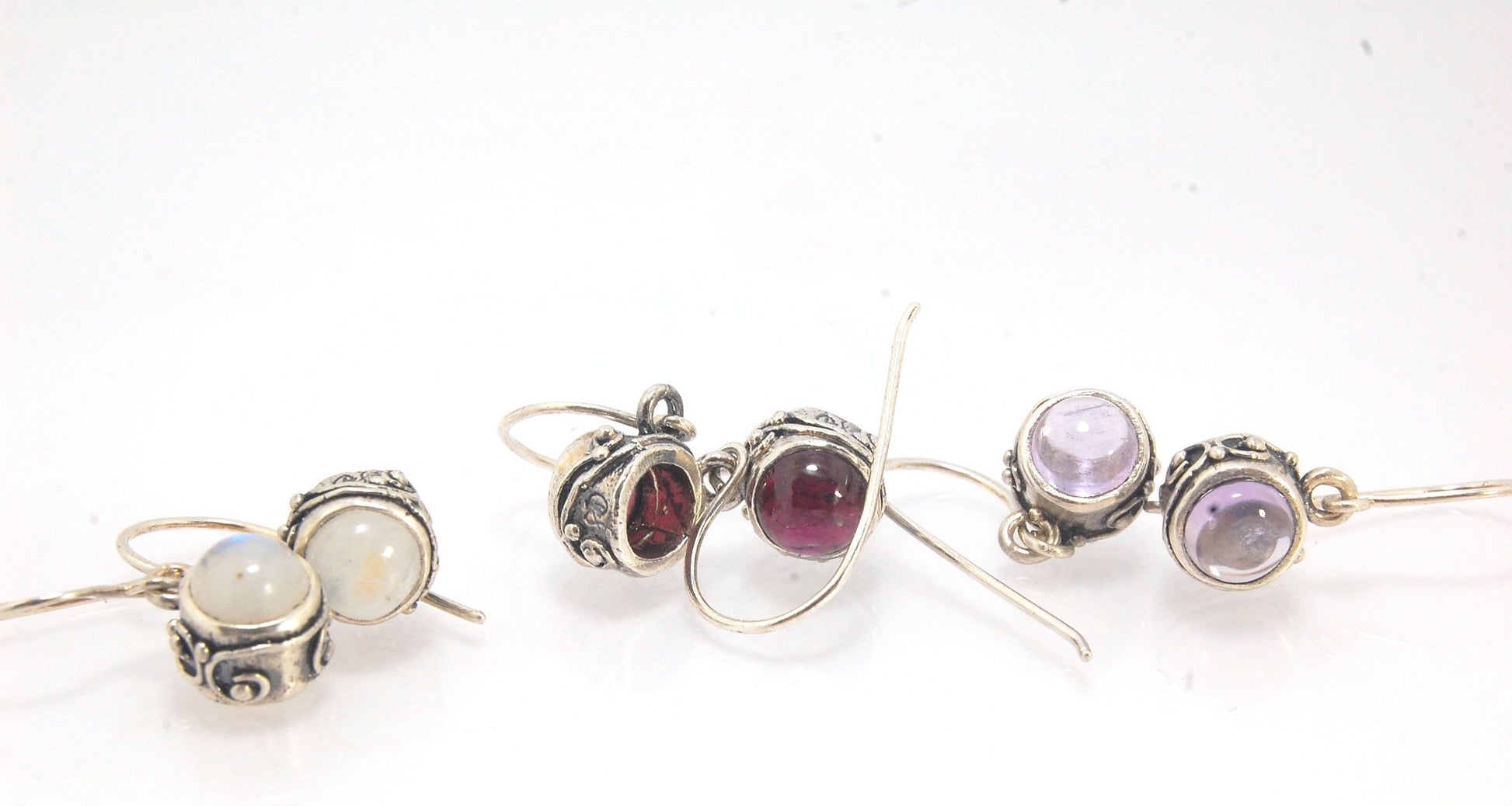 Round Swirled Dangle Silver Earrings -9mm - Moonstone, Blue Chalcedony, Amethyst, Rose Quartz, Garnet, or Rainbow Moonstone These are a part of my new work, cast in my studio using the ancient technique of lost wax, molded from an original granulated piec