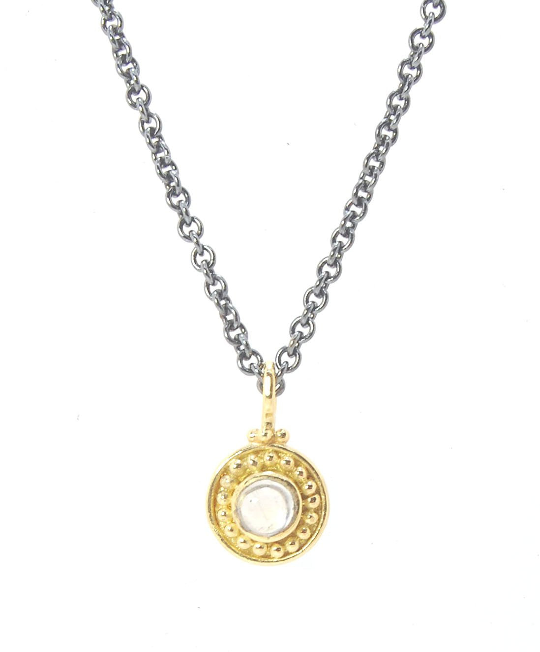 Tiny Round Rainbow Moonstone 18k gold Granulated Pendant This beautiful tiny round rainbow moonstone has so much luminance! A bezel-set small round rainbow moonstone is surrounded by larger 18k gold granules and can be ordered on the your chain of choice.