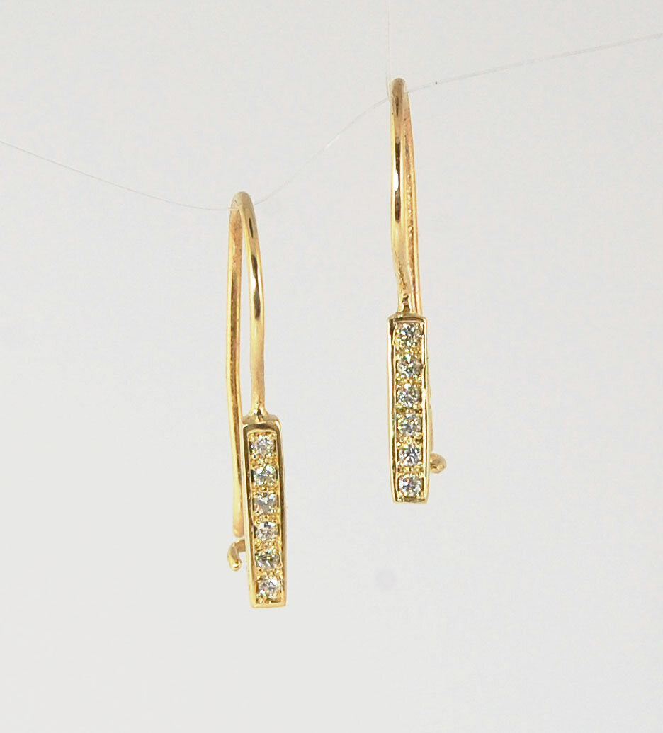 Short Tiny Diamond Earrings with french Hook and clasp - 14k yellow gold These great little sparklers are subtle enough for every day as long as you don’t mind everyone noticing! They have 6 x 1.3mm diamonds in a single pave row. Earrings have french hook