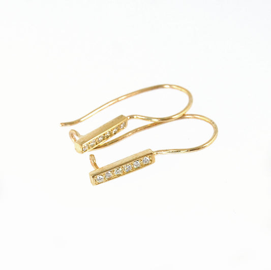 Short Tiny Diamond Earrings with french Hook and clasp - 14k yellow gold These great little sparklers are subtle enough for every day as long as you don’t mind everyone noticing! They have 6 x 1.3mm diamonds in a single pave row. Earrings have french hook