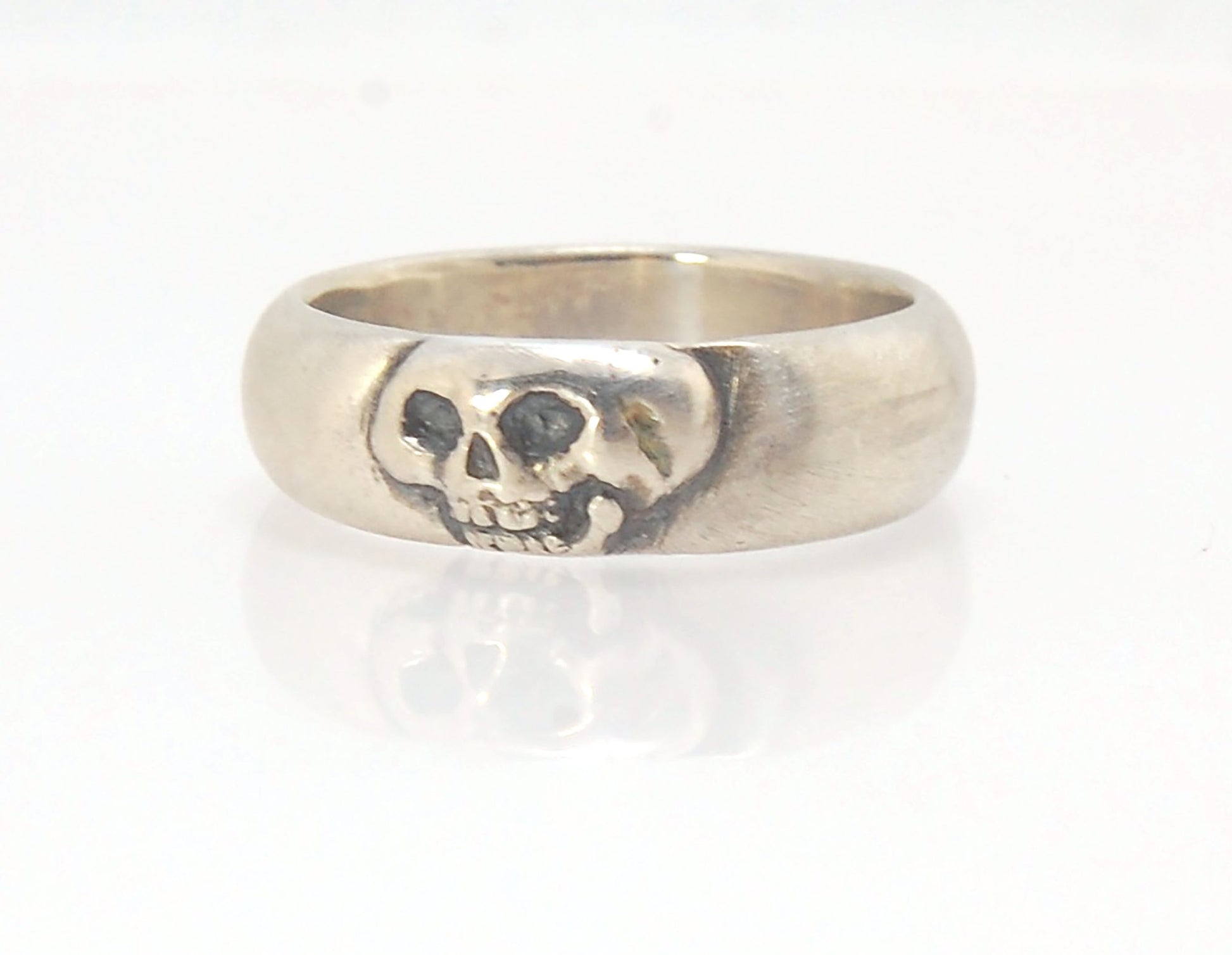 Memento Mori Skull Ring - Wide This is the widest of my Memento Mori skull rings at 7mm. Cast in sterling silver and given a brushed finish after oxidizing the recesses of the skull. Heavyweight, very comfortable.SterlingI made these Memento Mori rings fo