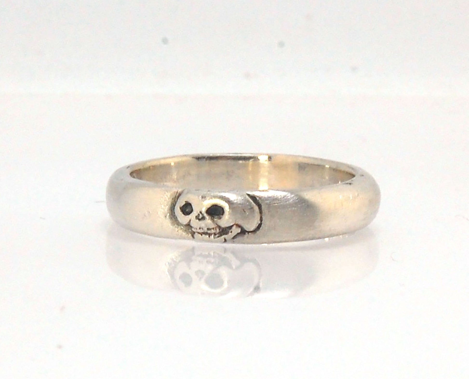 Memento Mori Skull Ring - Narrow This is narrow one of my two Memento Mori skull rings at 4mm. Cast in sterling silver and given a brushed finish after oxidizing the recesses of the skull. Heavyweight, very comfortable.SterlingI made these Memento Mori ri