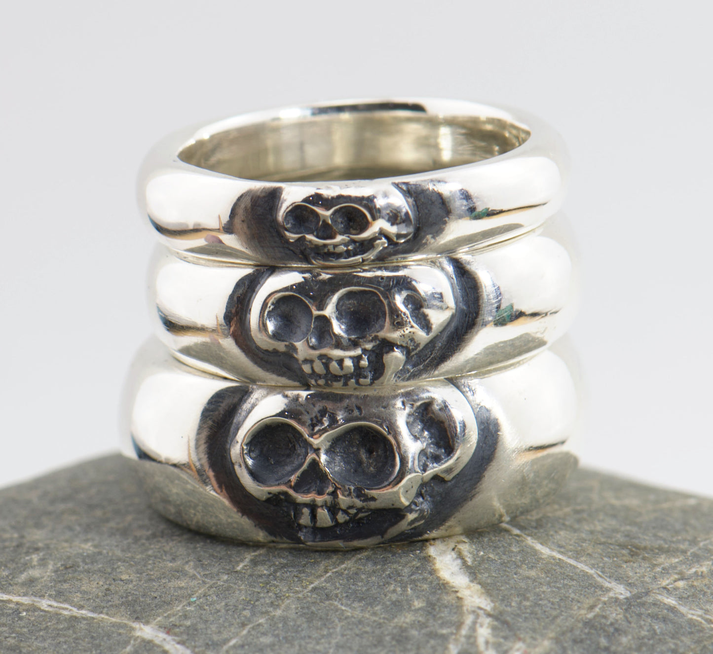 Skull Face Half Round Memento Mori Rings in 3 Widths